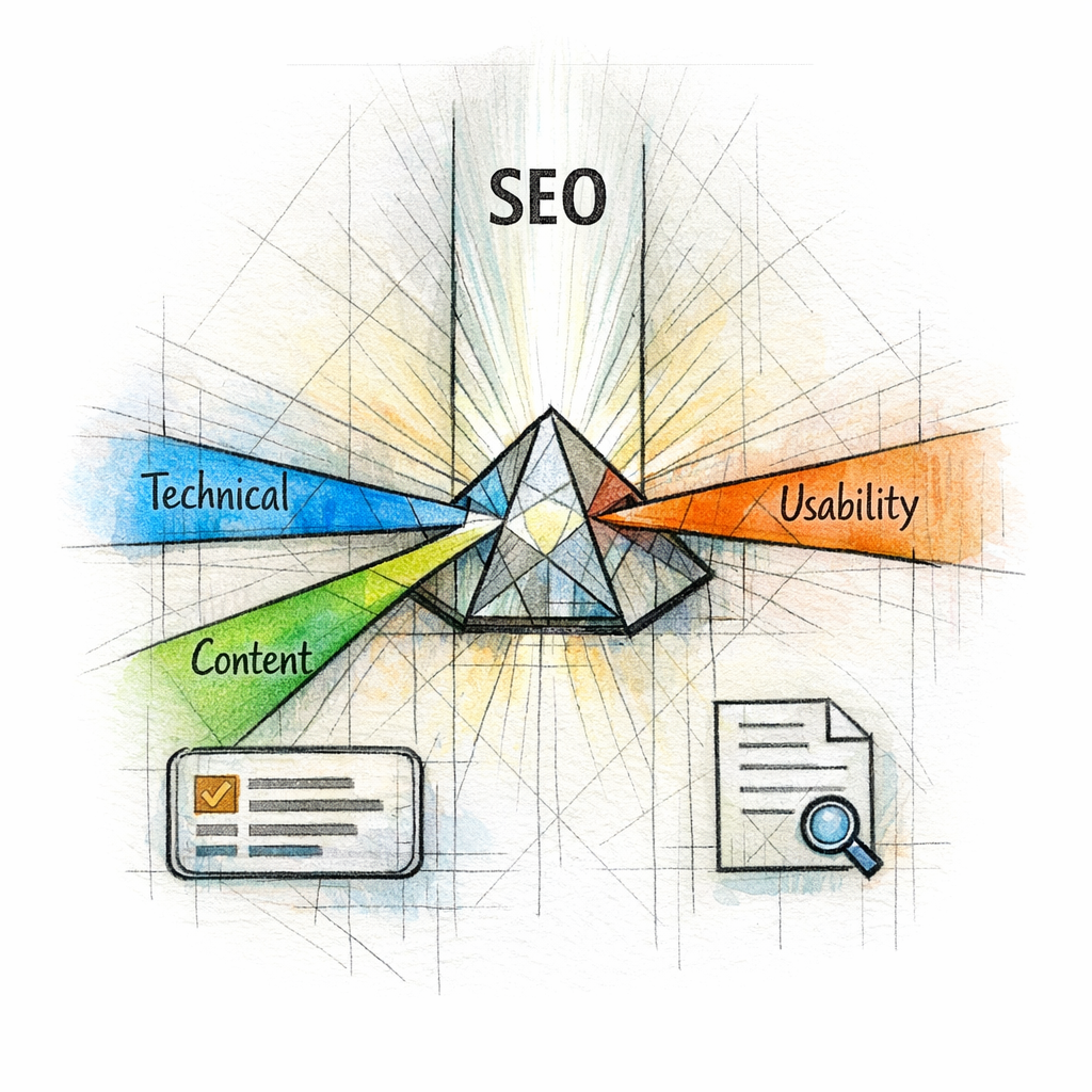 A stained glass prism merges technical SEO, content quality, and usability into one beam.