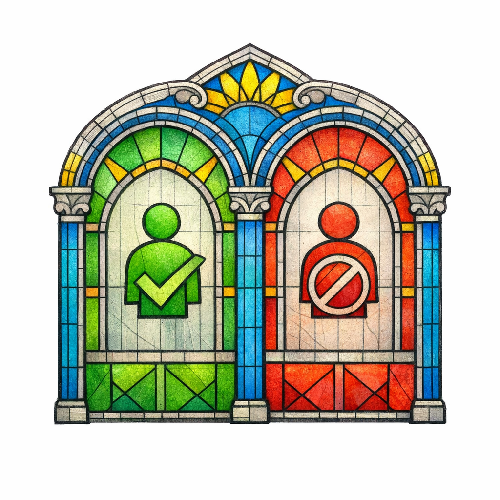 A stained-glass gate splits into two lanes to show who the guidance applies to and who should skip it.