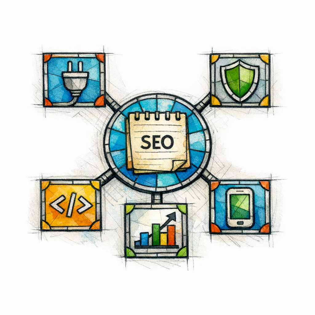 A stained-glass hub page icon branches into tidy category tiles like integrations, security, API, and reporting.