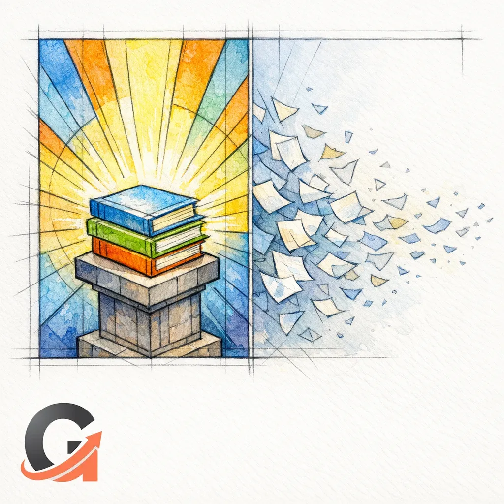 A sturdy cluster of a few glowing pages stands taller than a scattered pile of thin location pages.