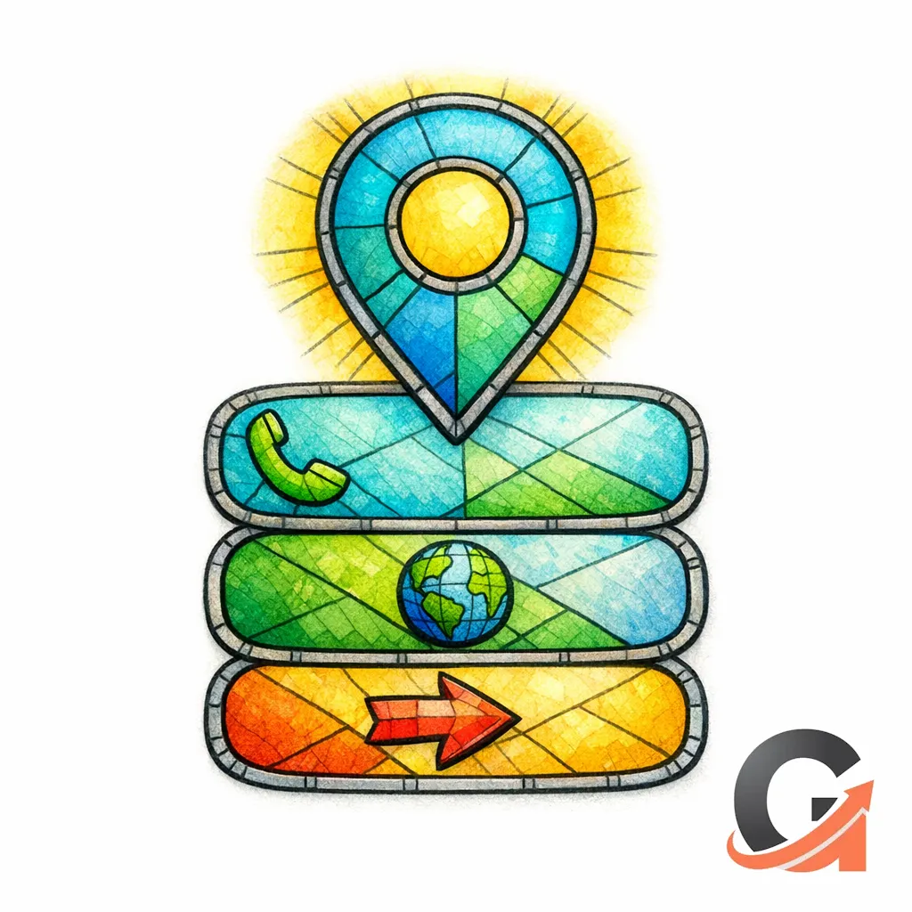 A stained-glass map pin over a three-slot local pack with call and direction icons on white.