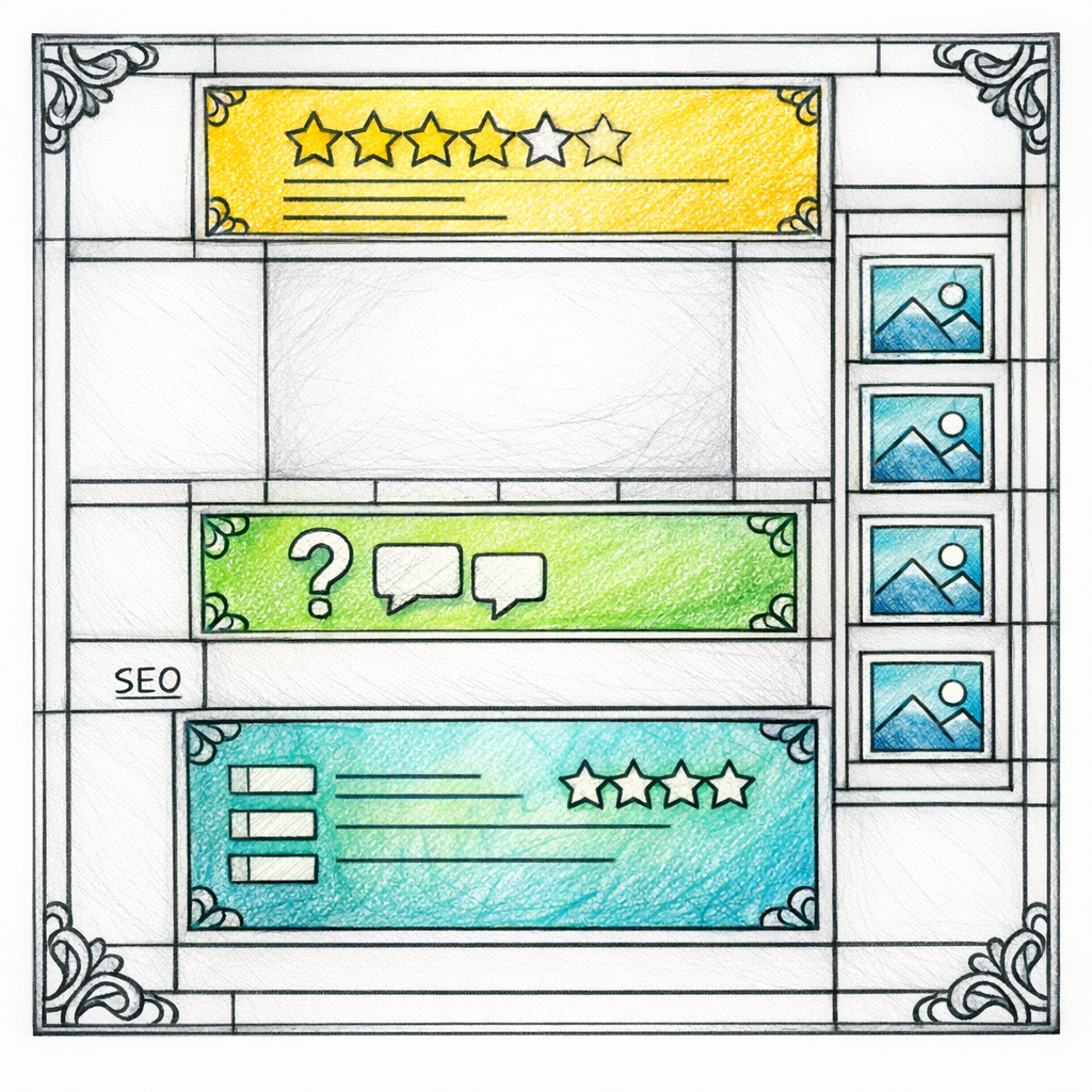A product page wireframe highlights where summary, Q&A, reviews, and photo gallery should live.