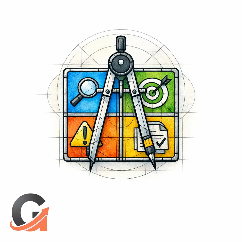 A stained-glass blueprint balances search intent, business goal, risk, and evidence before writing starts.