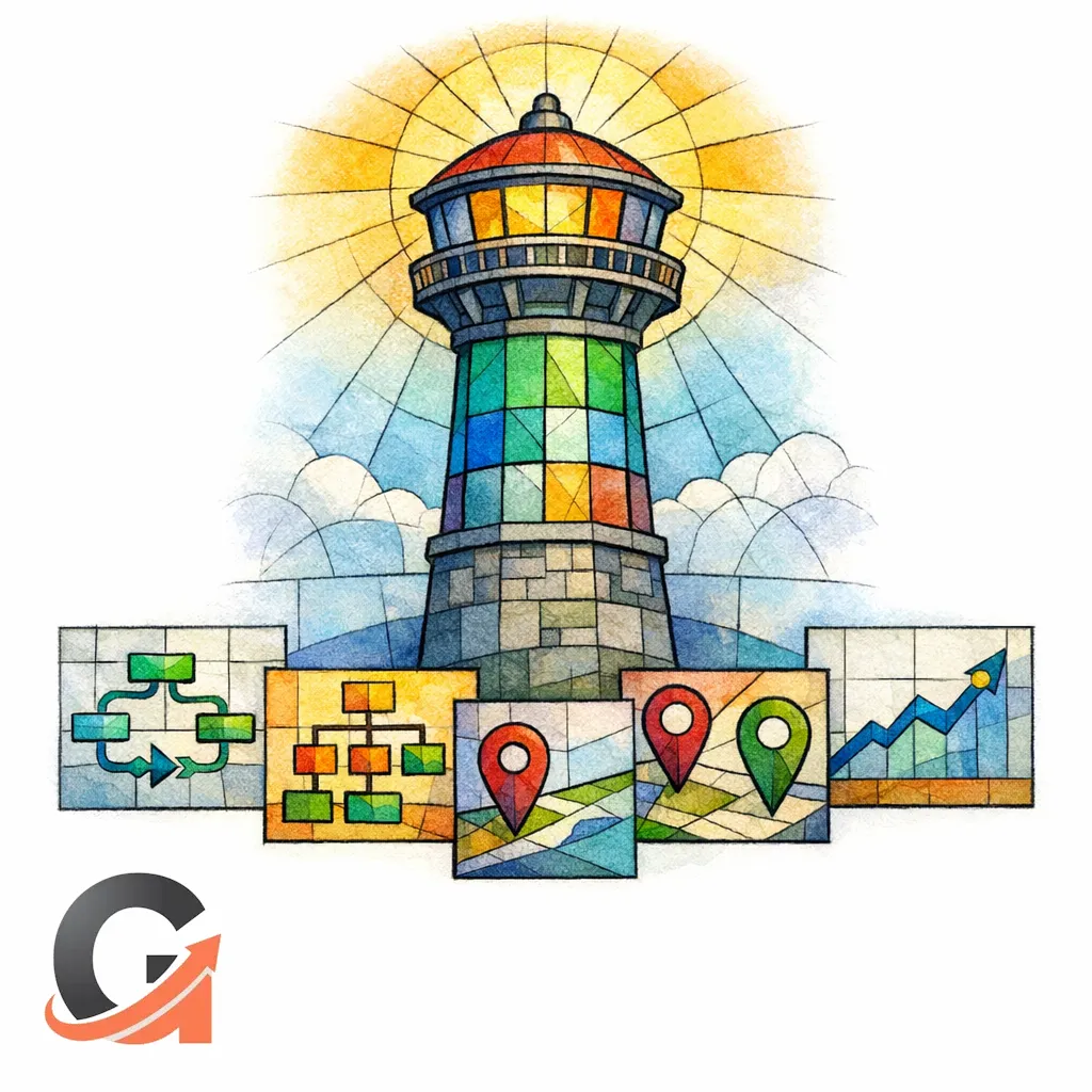 A stained glass tower oversees crawling, local SEO, reporting, and site structure.