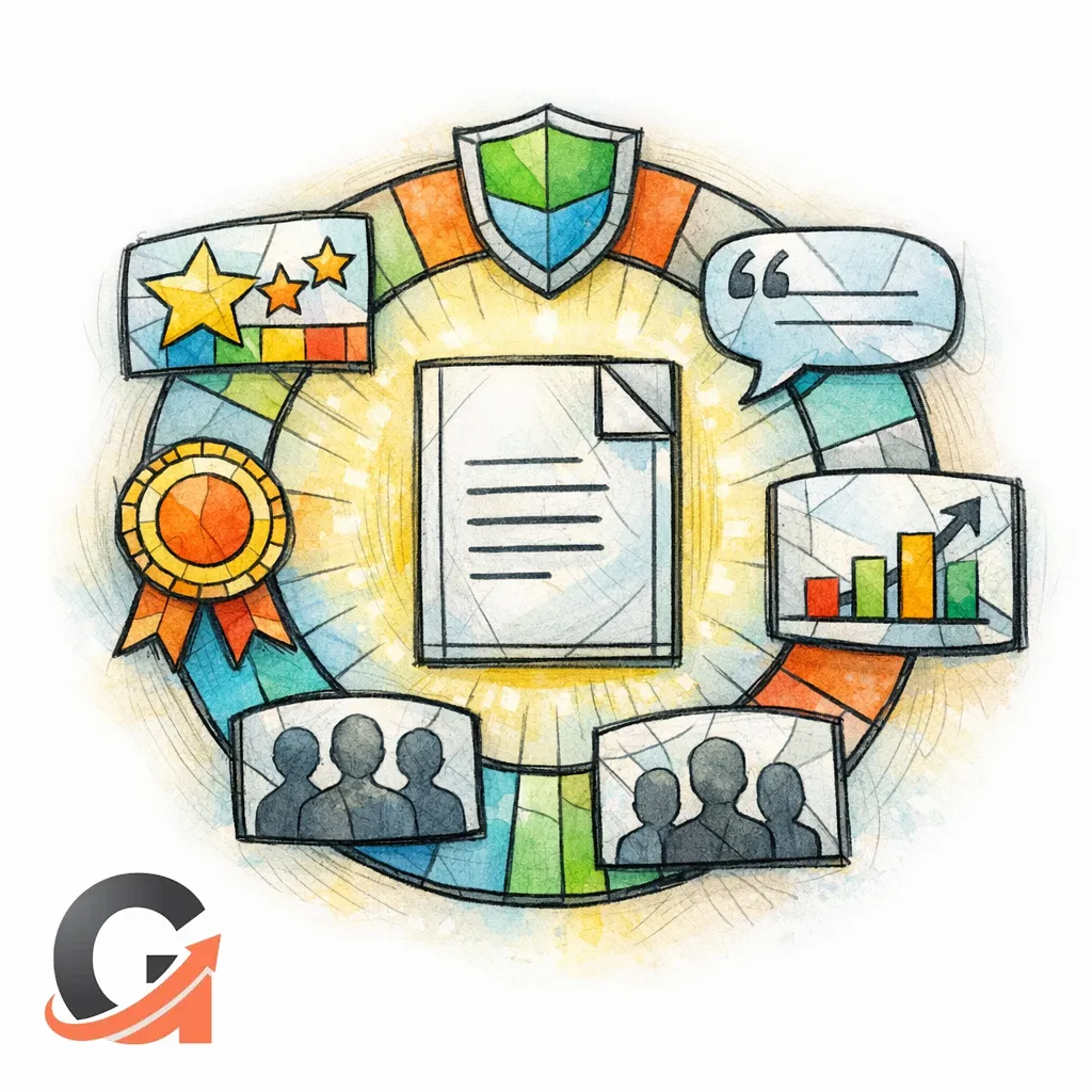 Reviews, badges, and case proof form a glowing halo around a conversion-focused page.