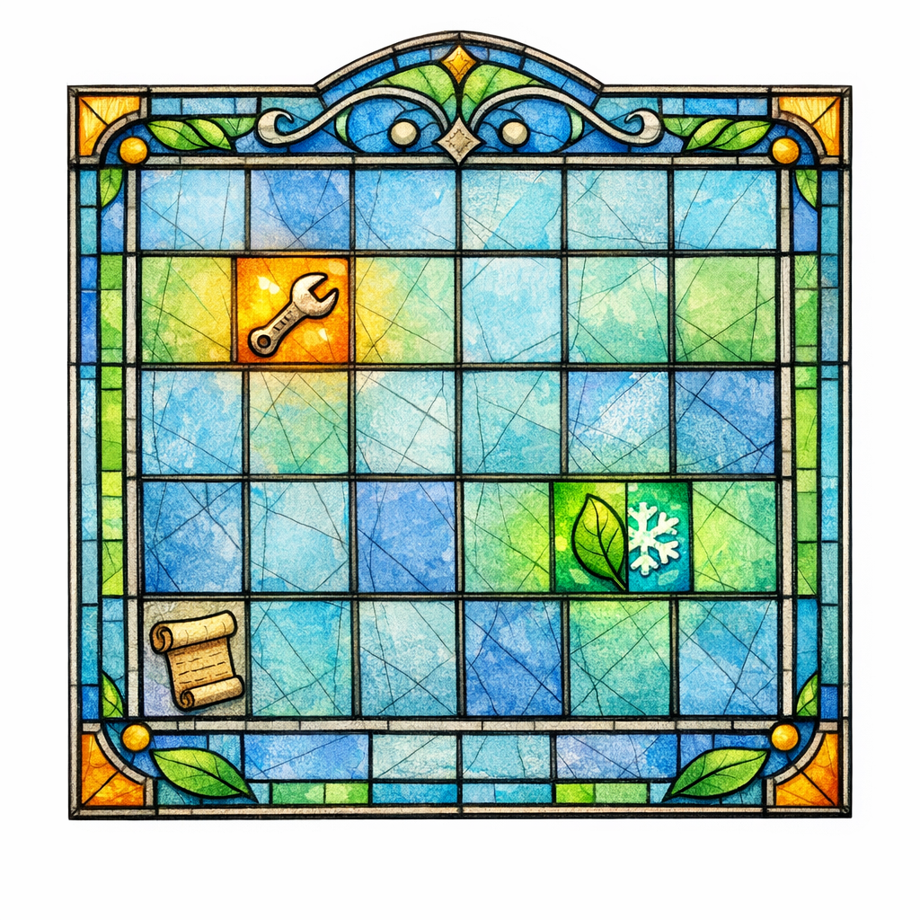 A stained-glass calendar showing a weekly post cadence with two highlighted days and simple post icons.