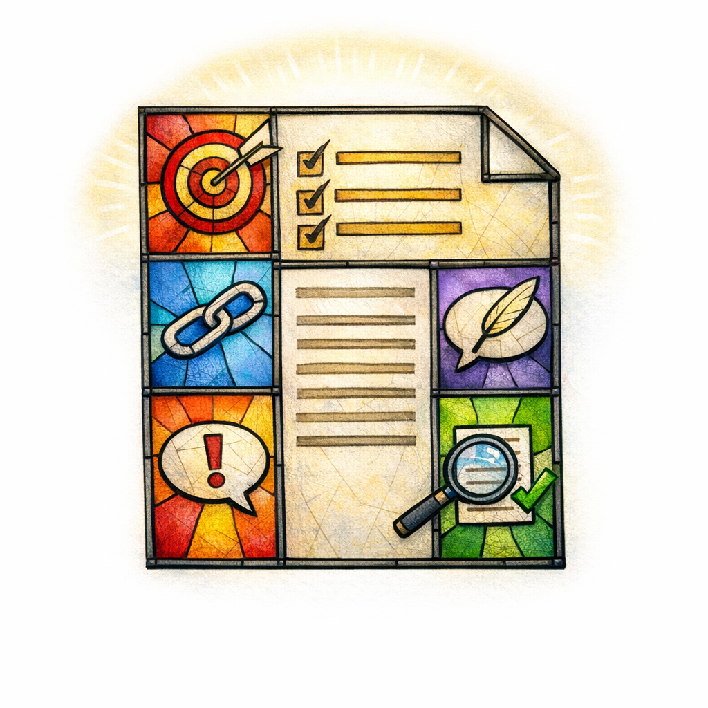 A stained-glass brief template with checkmarks and guardrails clarifies what writers must include and avoid.