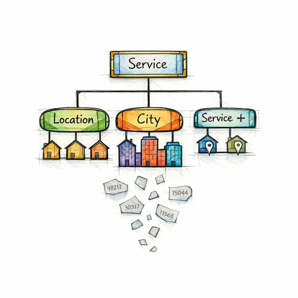A simple page-tree diagram maps core service pages, location pages, and selective service-plus-location pages.