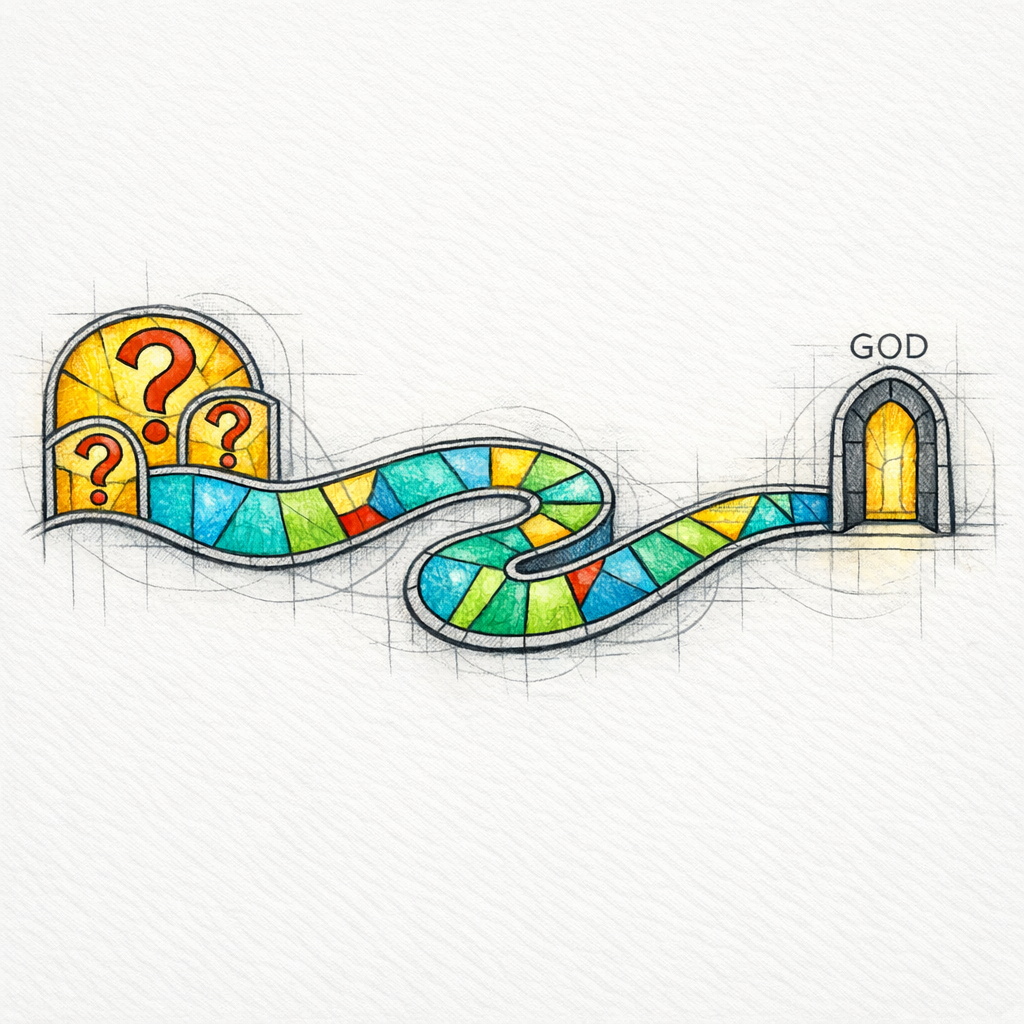 A path of stained-glass stepping stones leads from questions to a small door icon for intake.