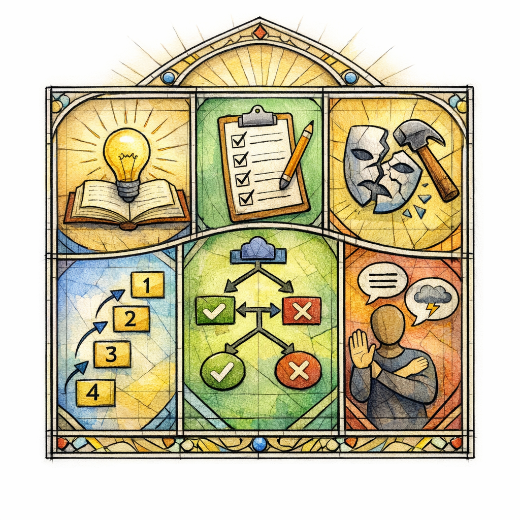 A single stained glass article is built from reusable modules like checklists, myths, steps, and decisions.