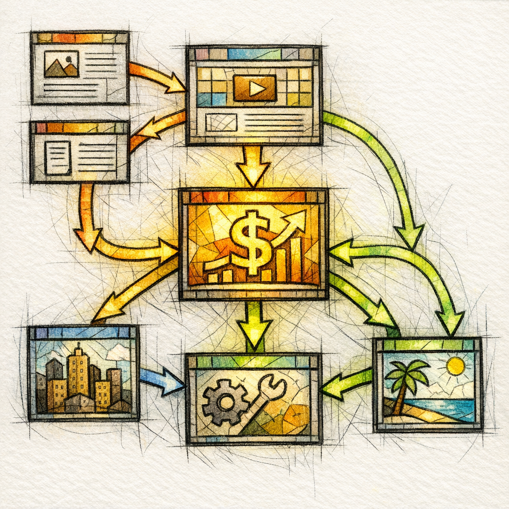 A network of clean pathways channels authority from blogs and hubs into key money pages.