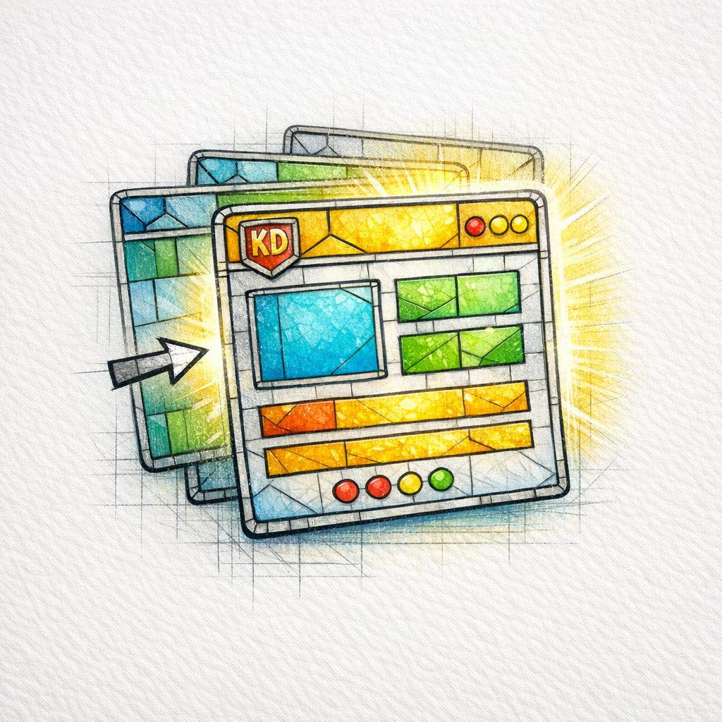 A stained-glass stack of web pages with one highlighted as the top converter on white.