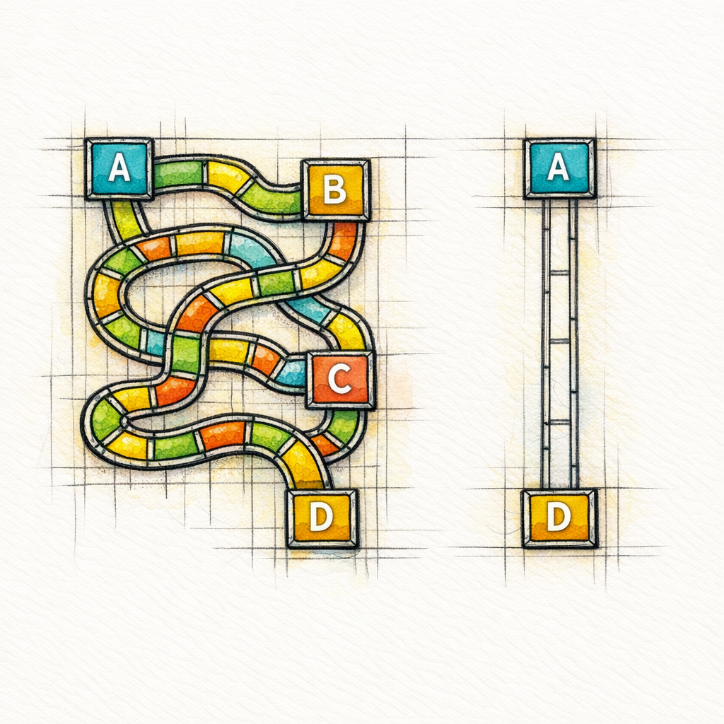 A stained-glass maze shows URLs taking too many hops instead of one direct path.