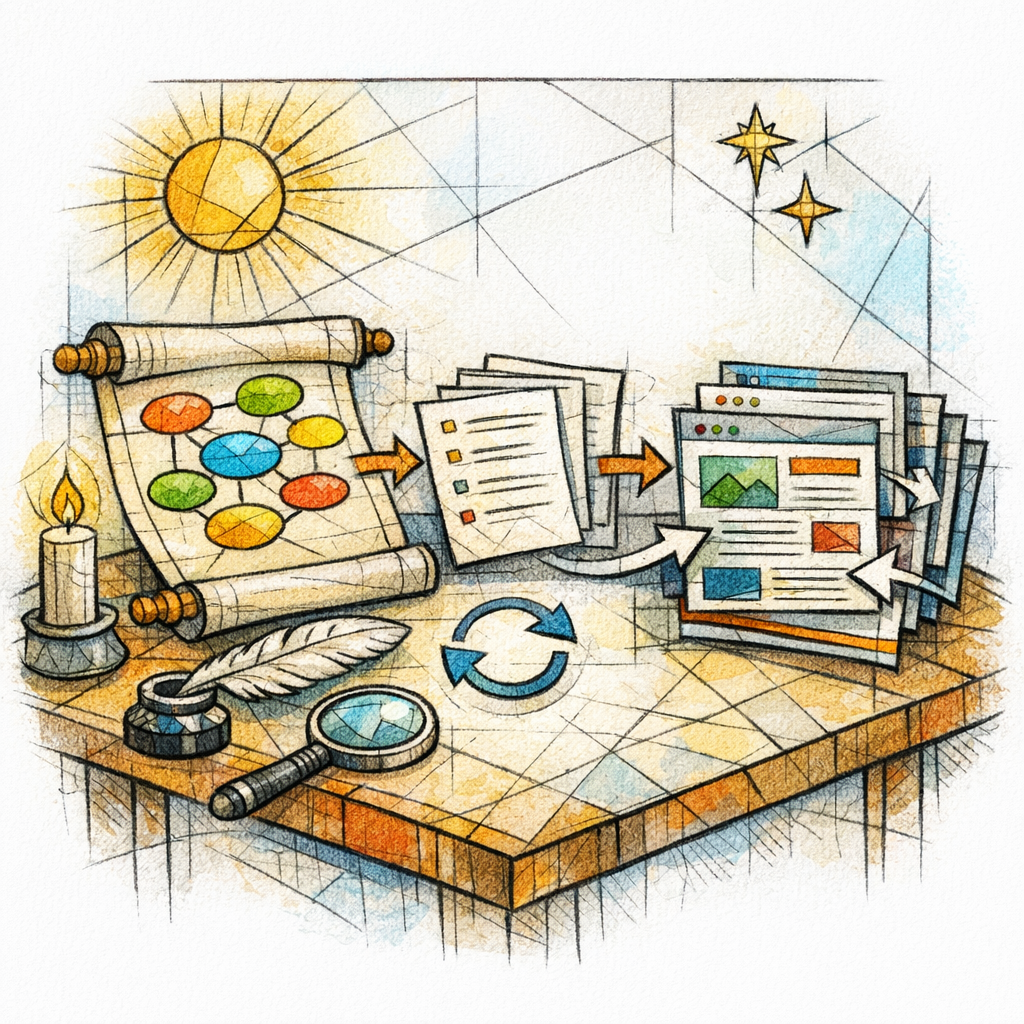 A stained glass workshop turns keyword maps and briefs into linked pages at scale.