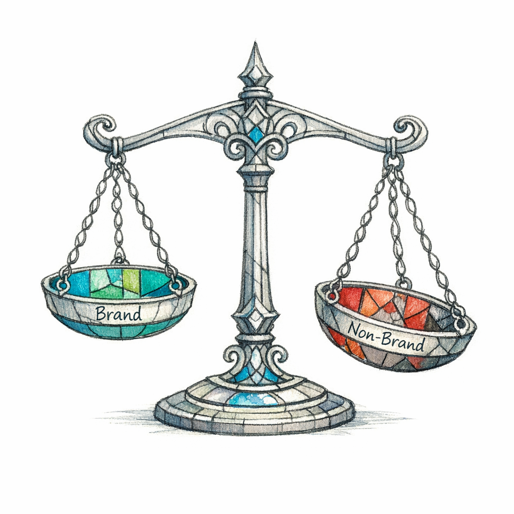 A stained-glass balance scale compares brand stability against non-brand collapse.