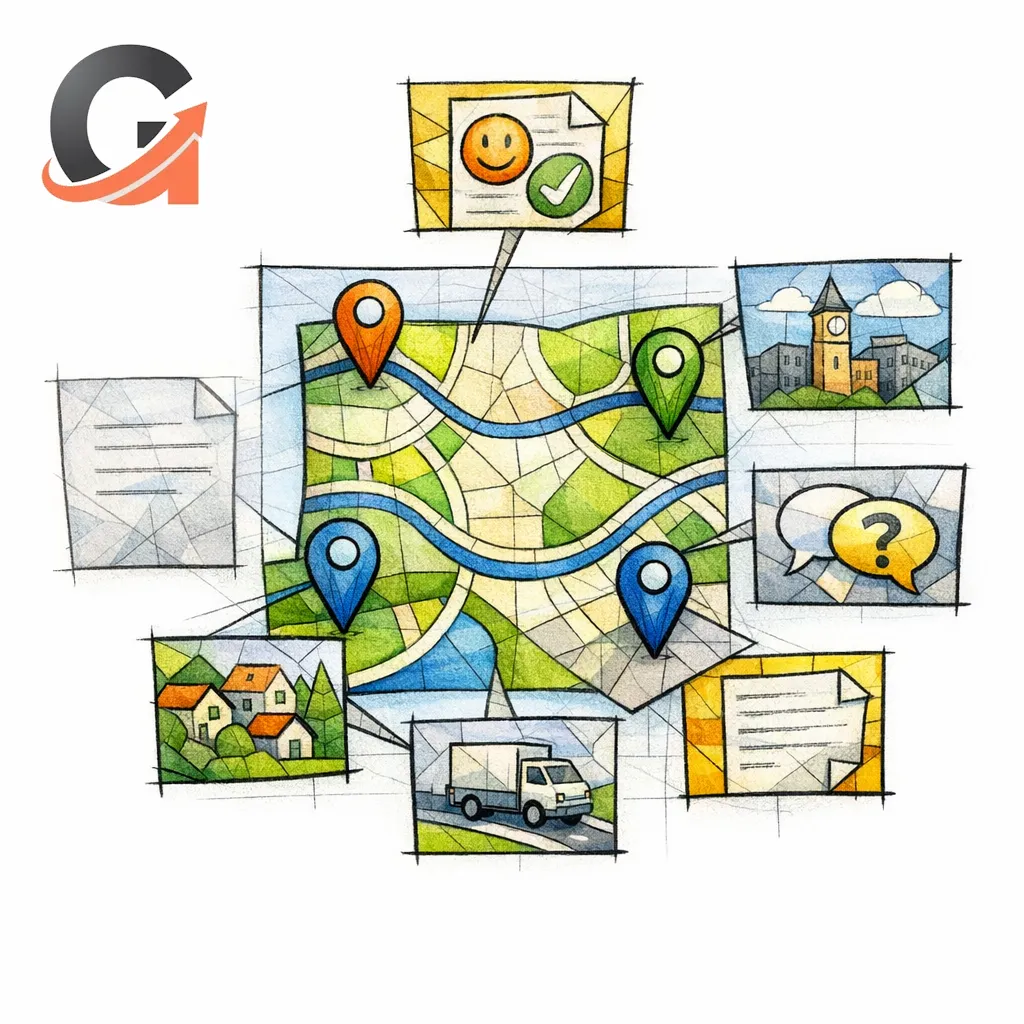 A stylized local map shows distinct city pages with unique proof and service details.