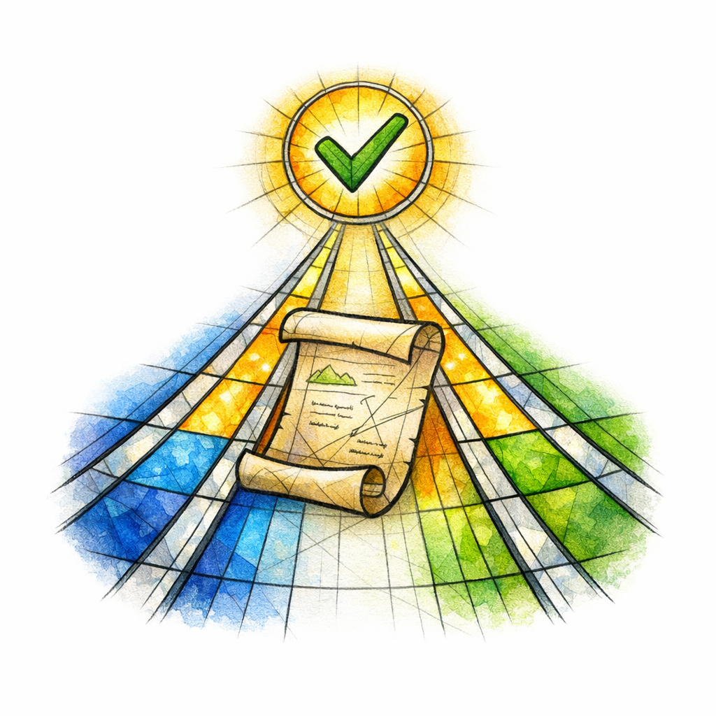 A glowing path between stained-glass rails guides a draft from freedom to on-brand clarity.