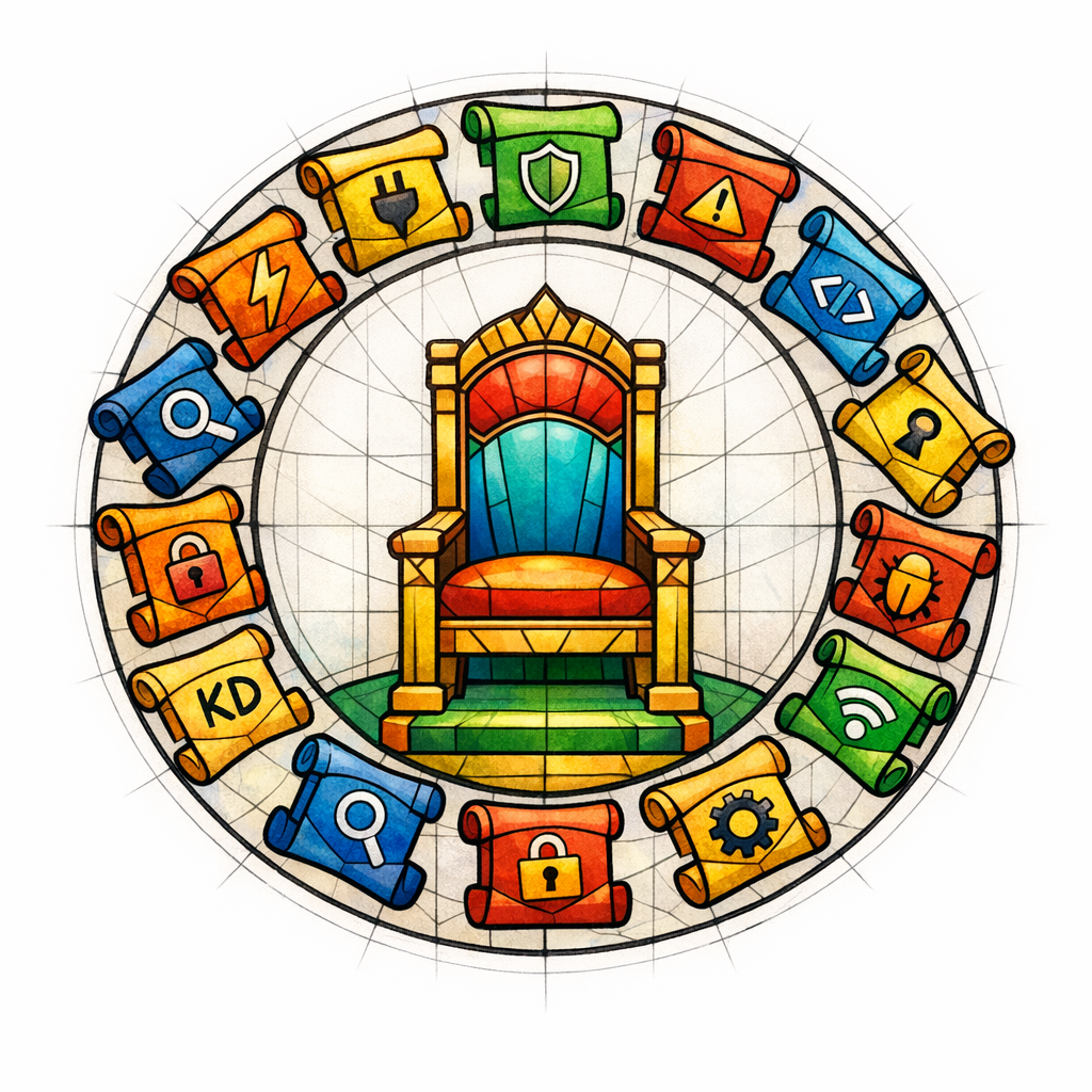 A stained-glass throne sits untouched while many small keyword scrolls gather around it as long-tail wins.