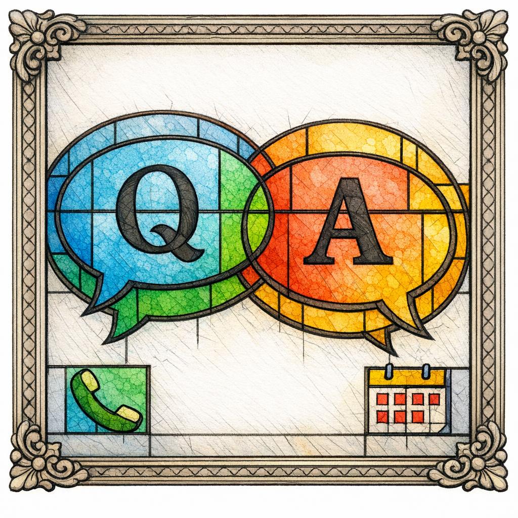 A stained-glass speech bubble stack forming a checklist, showing Q and A icons as a public intake script.