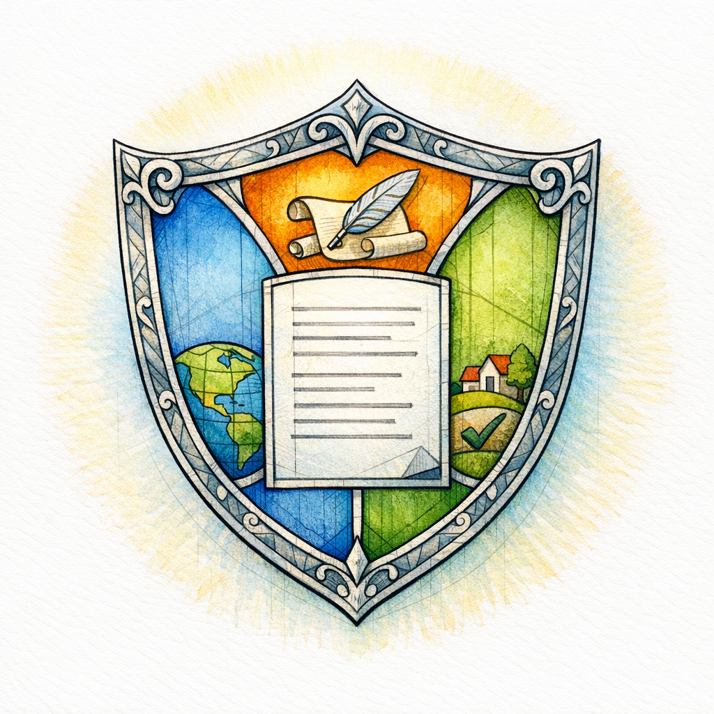 A glowing stained glass shield protects a content page with scope, caution, and proof icons.