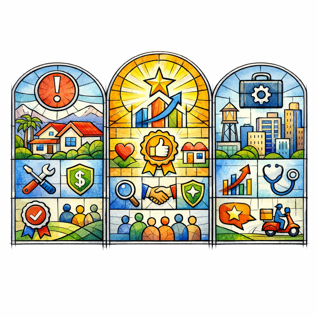 Distinct city panels show different homes, needs, and proof instead of one repeated local page.