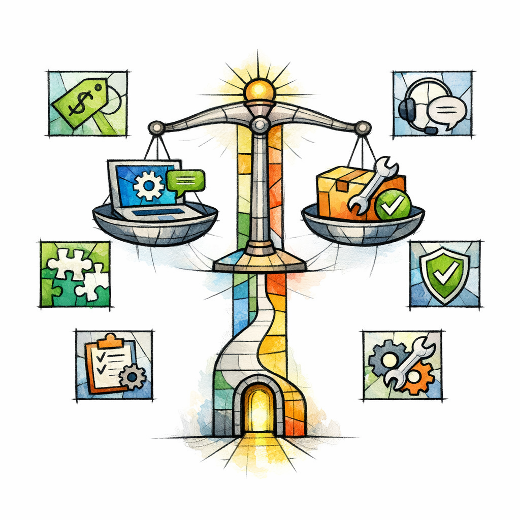 A balanced scale compares options with clear criteria and an easy next-step path.