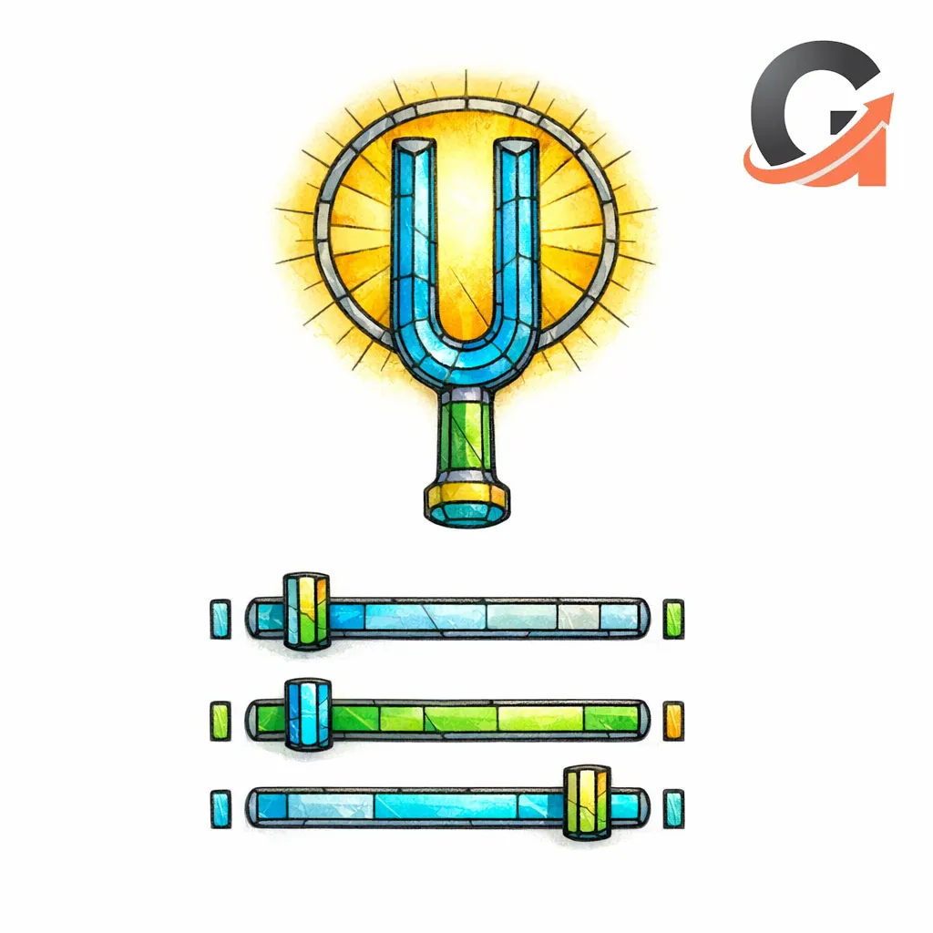 A stained-glass tuning fork and sliders represent ranking systems being recalibrated, not penalized.