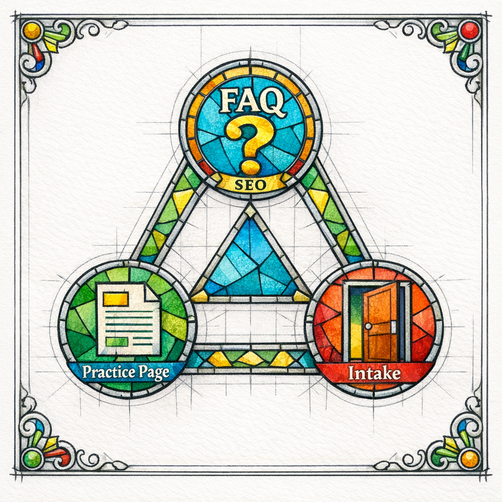 Three stained-glass nodes form a triangle showing FAQ, practice pages, and intake connected by links.