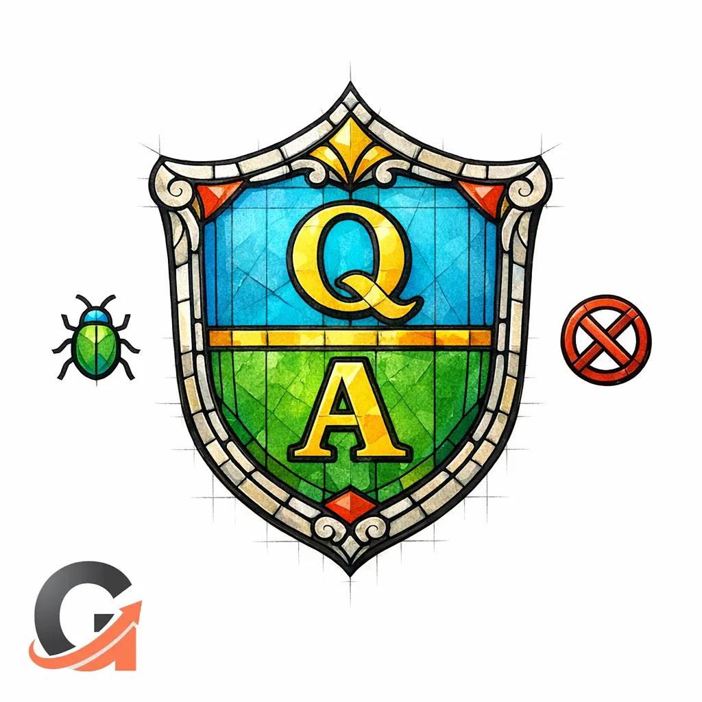 A stained-glass shield protecting a Q and A panel from a tiny bug-shaped spam icon.