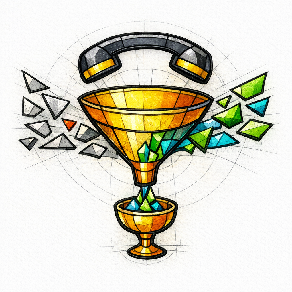 A stained-glass phone with a filter showing spam calls separated from qualified leads on white.