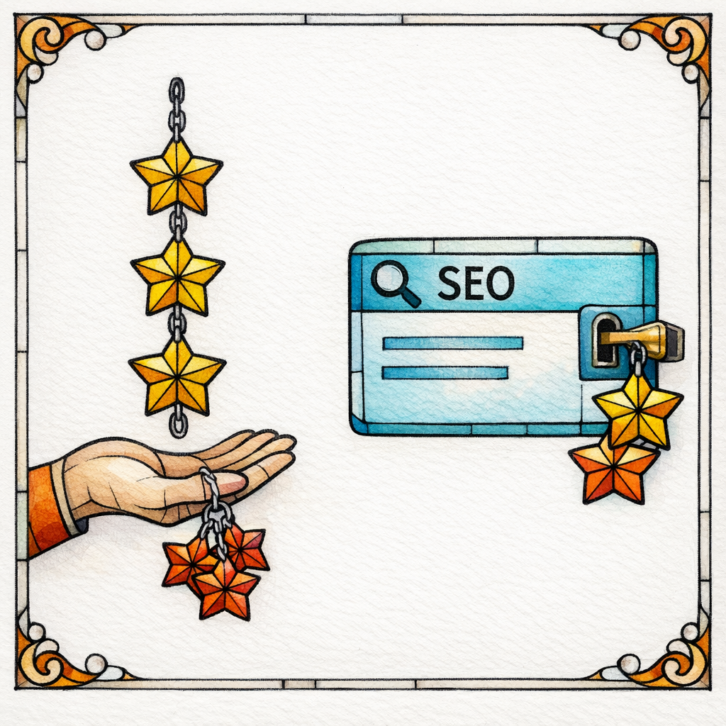 A hand offers stars on a chain, but only verified visible stars lock into a search card.
