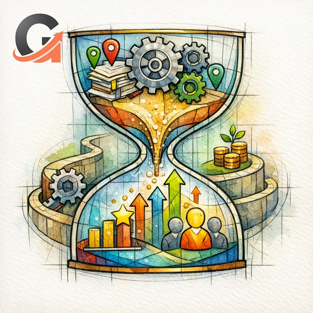 A stained glass hourglass shows different SEO levers creating results over time.