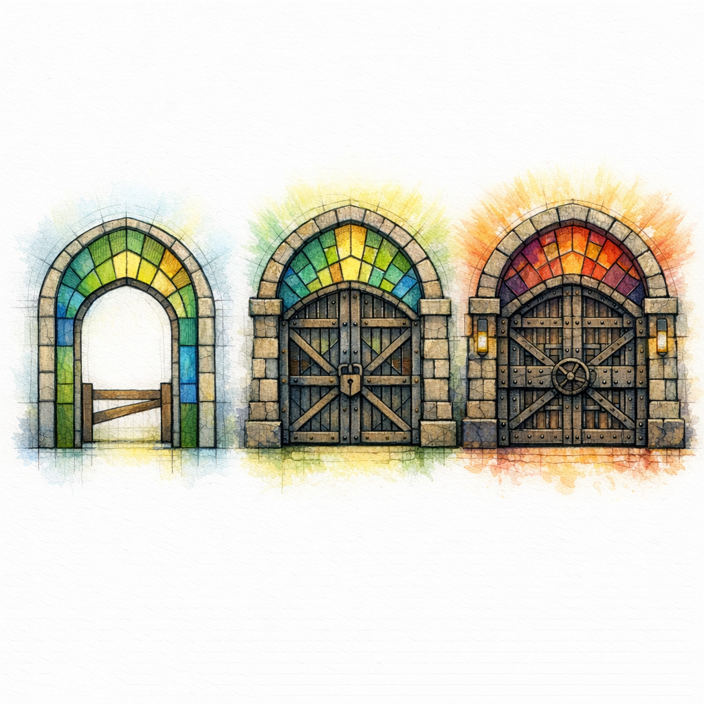 Three stained-glass gates open according to low, medium, and high risk content approval needs.