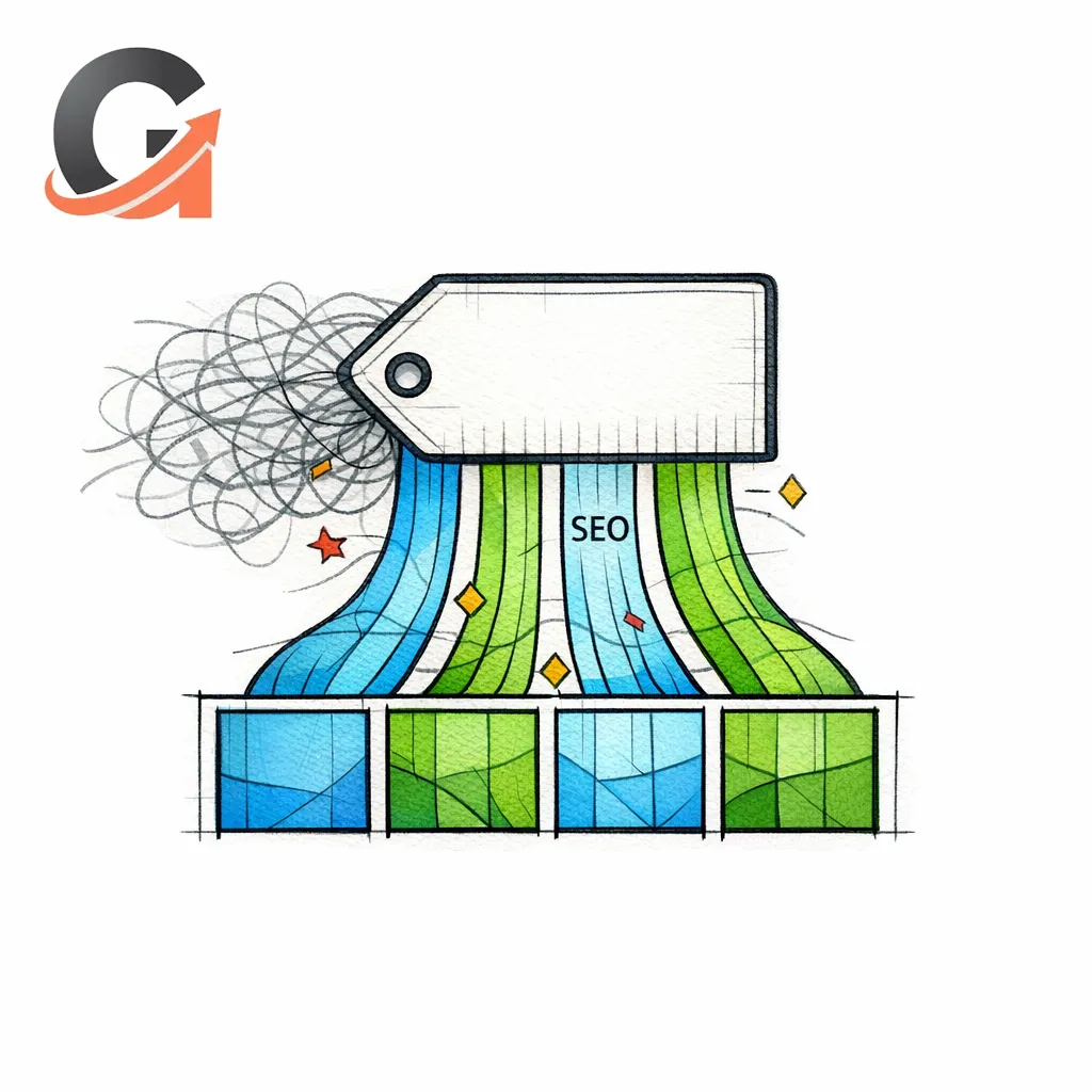 A stained-glass tag icon cleaning messy source lines into clear labeled streams on white.