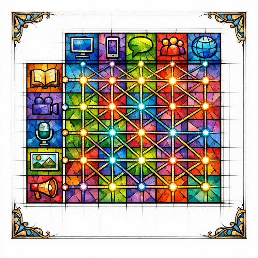 A stained glass matrix maps content modules to AI, social, video, email, and PDF outputs.