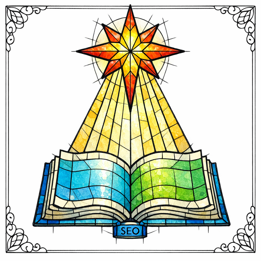 A stained-glass north star shines over an open book, guiding people-first content decisions.