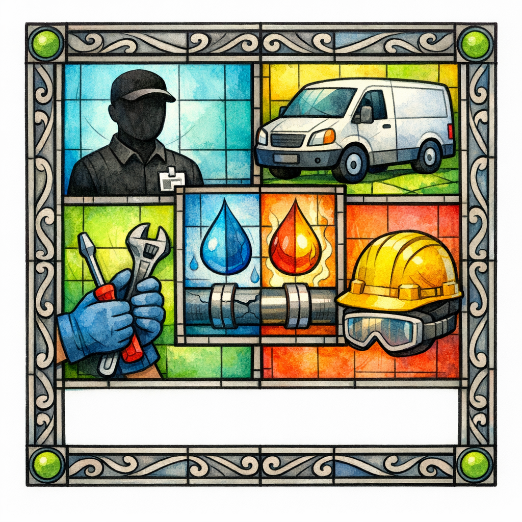 A stained-glass grid of five photo icons showing team, vehicle, work, before-after, and safety proof.