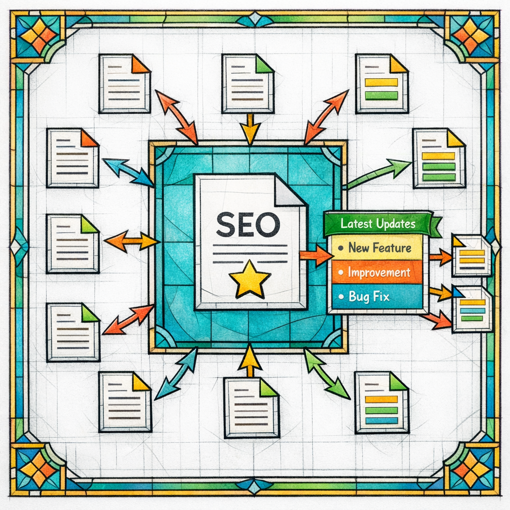 A stained-glass link map shows release notes pointing to the feature page and the feature page pointing back to top updates.