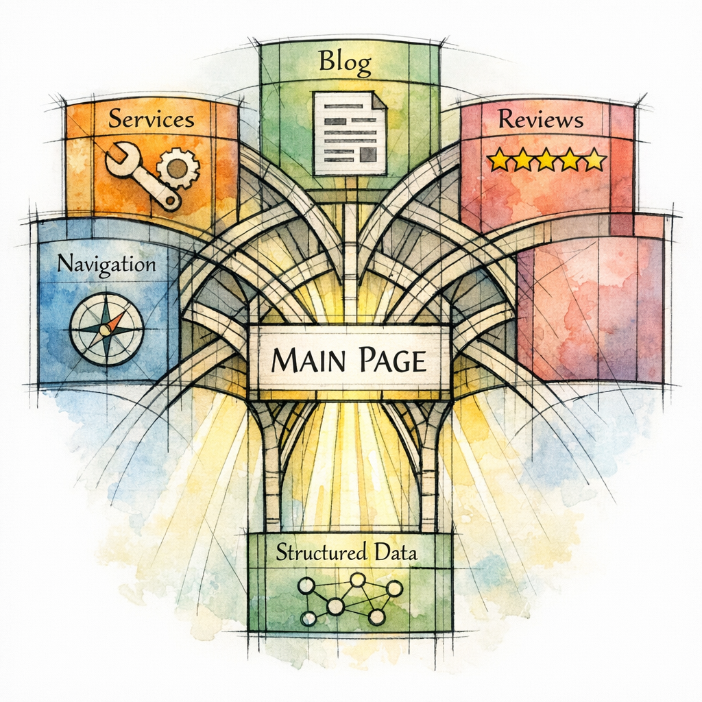 Support beams connect blog posts and service pages into a strong local landing page hub.