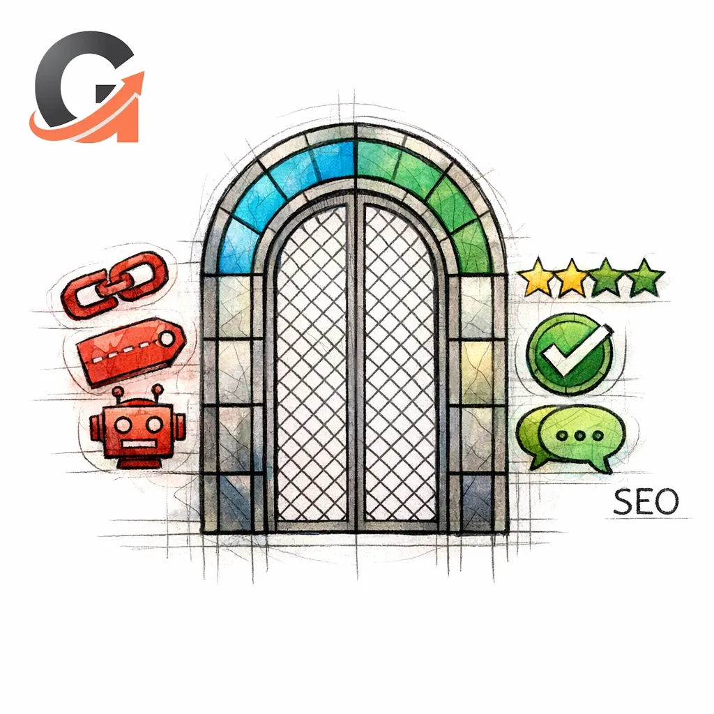 A stained-glass gate filters spam symbols while letting real mixed reviews pass through.