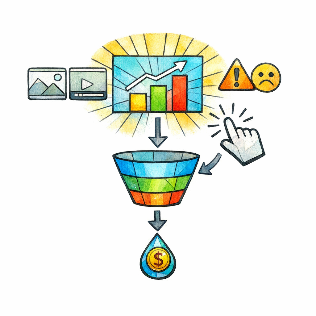 A stained glass dashboard connects clicks and impressions to leads and revenue.