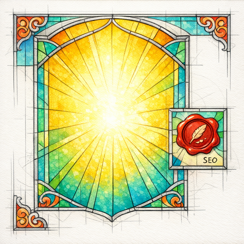 A small wax-seal icon sits beside a bright answer pane, implying schema is optional while clarity wins.