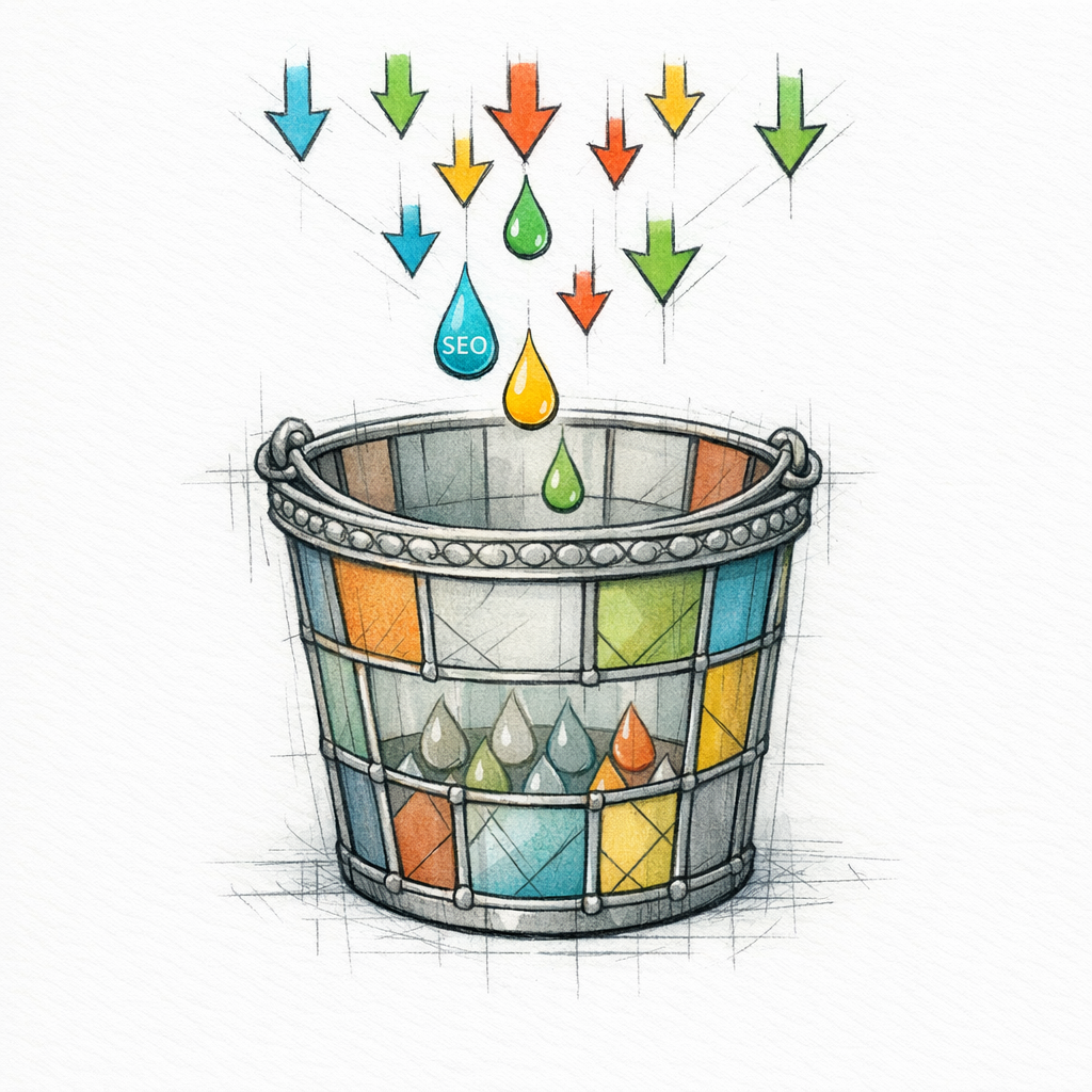 A stained-glass bucket labeled with a tiny note showing leads mistakenly falling into direct on white.
