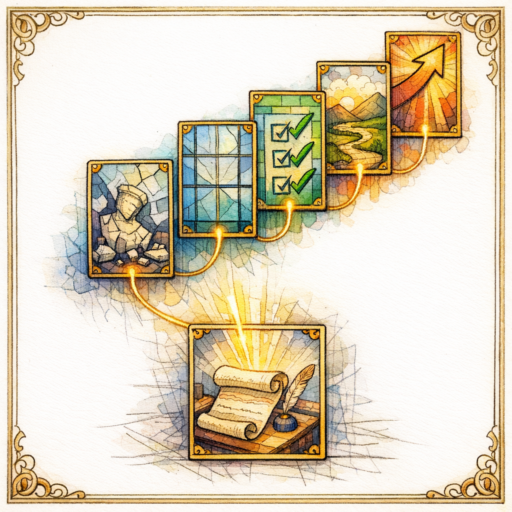 Five stained glass cards rise in a clean staircase from myth to next step.