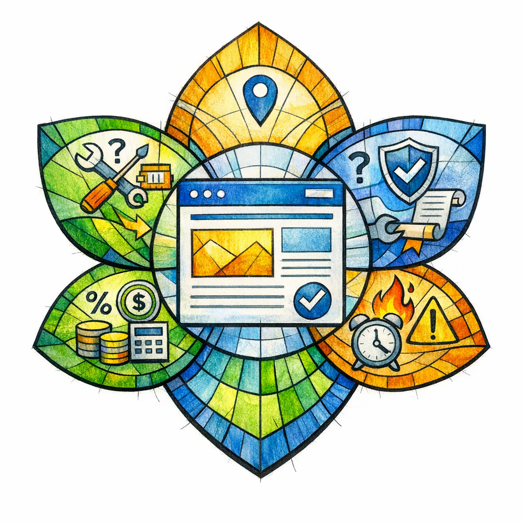 An ecosystem of repair guides and local pages feeds a central high-intent conversion page.