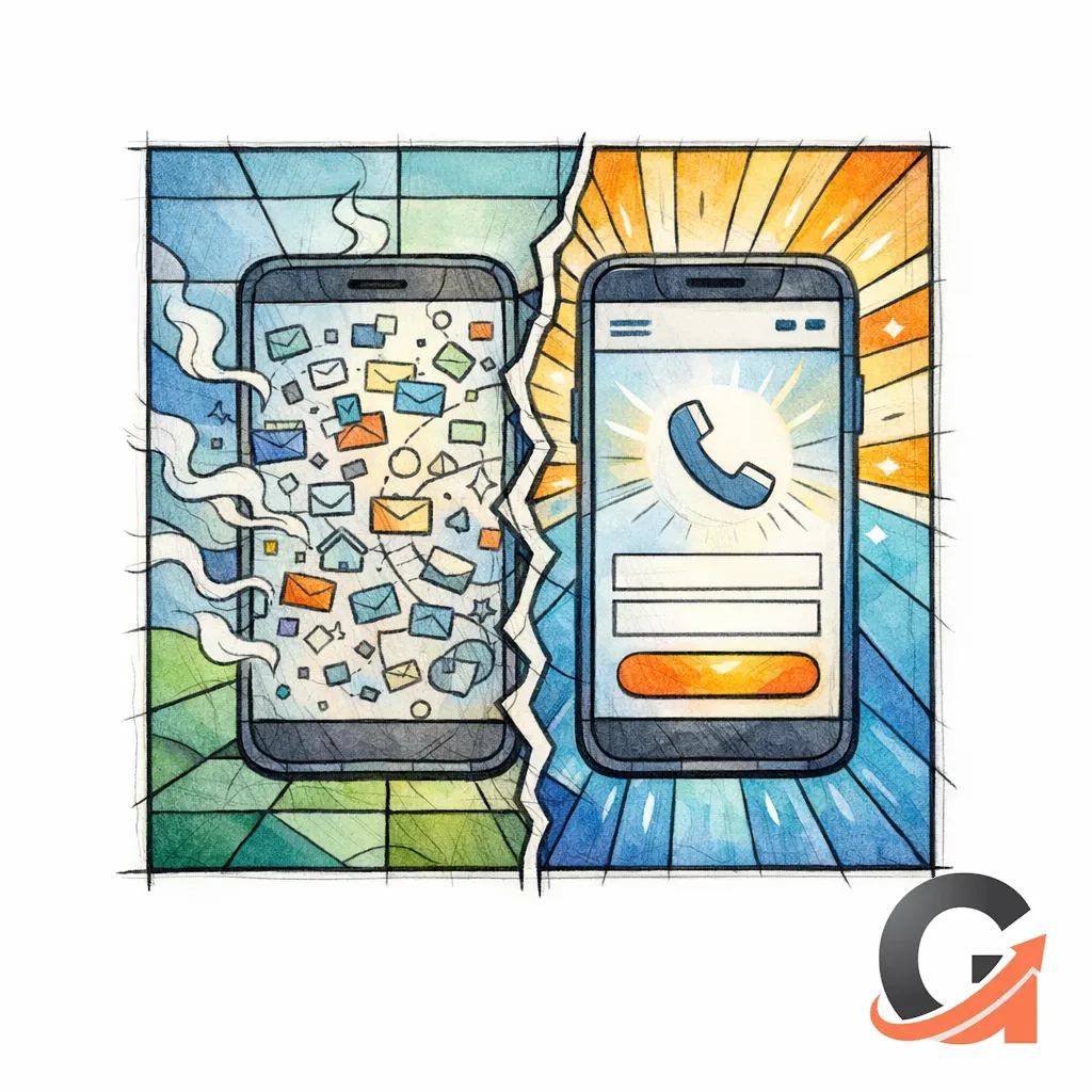 A smartphone page sheds clutter as forms shorten and tap targets become obvious.