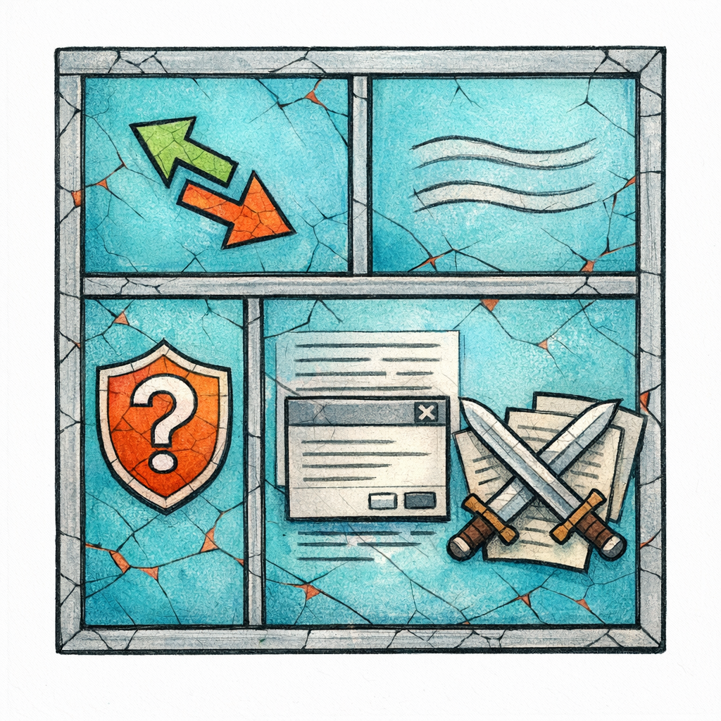 A stained-glass page icon shows five crack markers for intent mismatch, thin content, weak expertise, bad UX, and cannibalization.