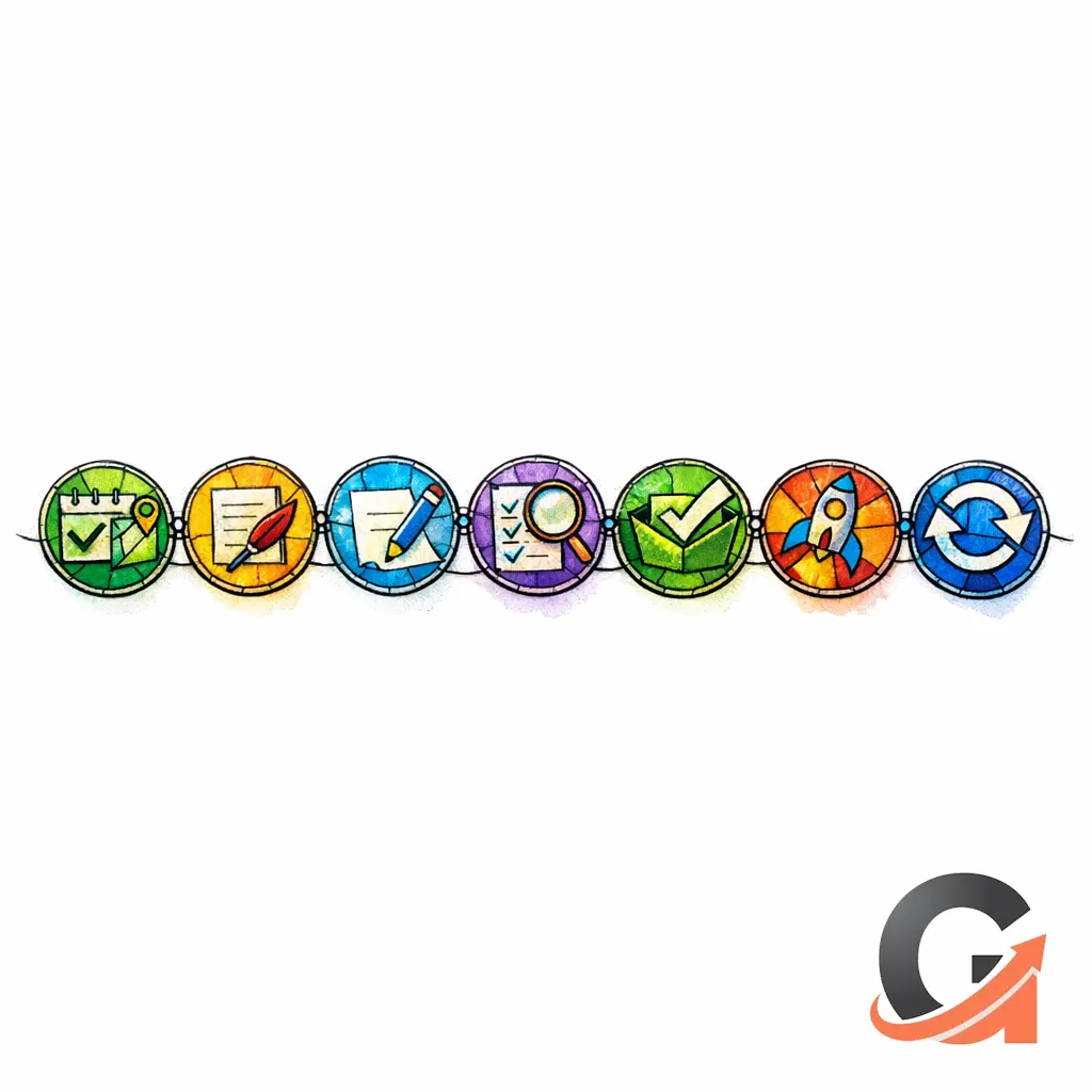 A stained-glass chain of workflow states shows content moving smoothly from planned to published.